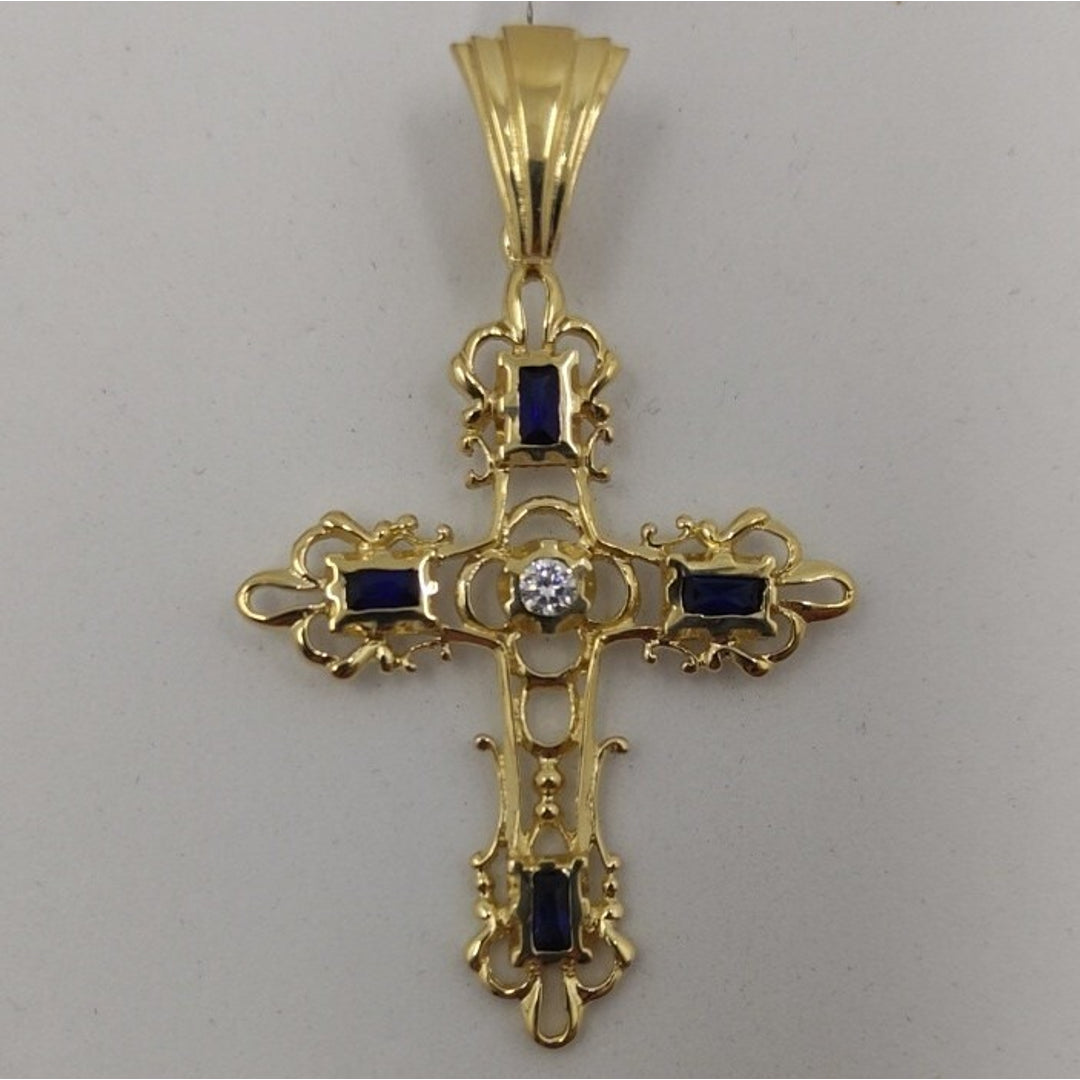 Pendentif Or 18K 750 Mls. Croix Avec Saphirs.