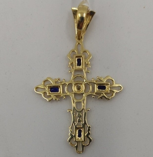 Pendentif Or 18K 750 Mls. Croix Avec Saphirs. Grande Taille XL 44 Mm.