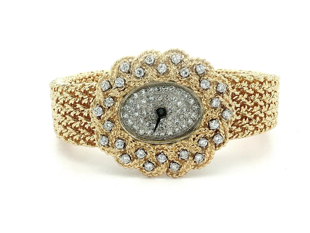 Montre vintage M&W Ullmann or 14 carats cadran diamant tissage panier maillon bracelet-