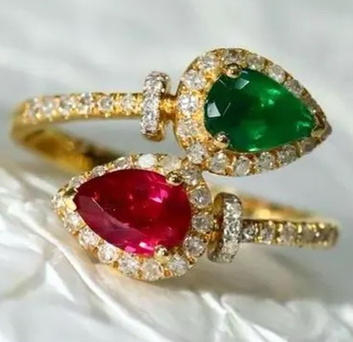 1.08ct Naturel Diamant 14k Bis Poinçonnée or Jaune Rubis Émeraude Bague Mariage