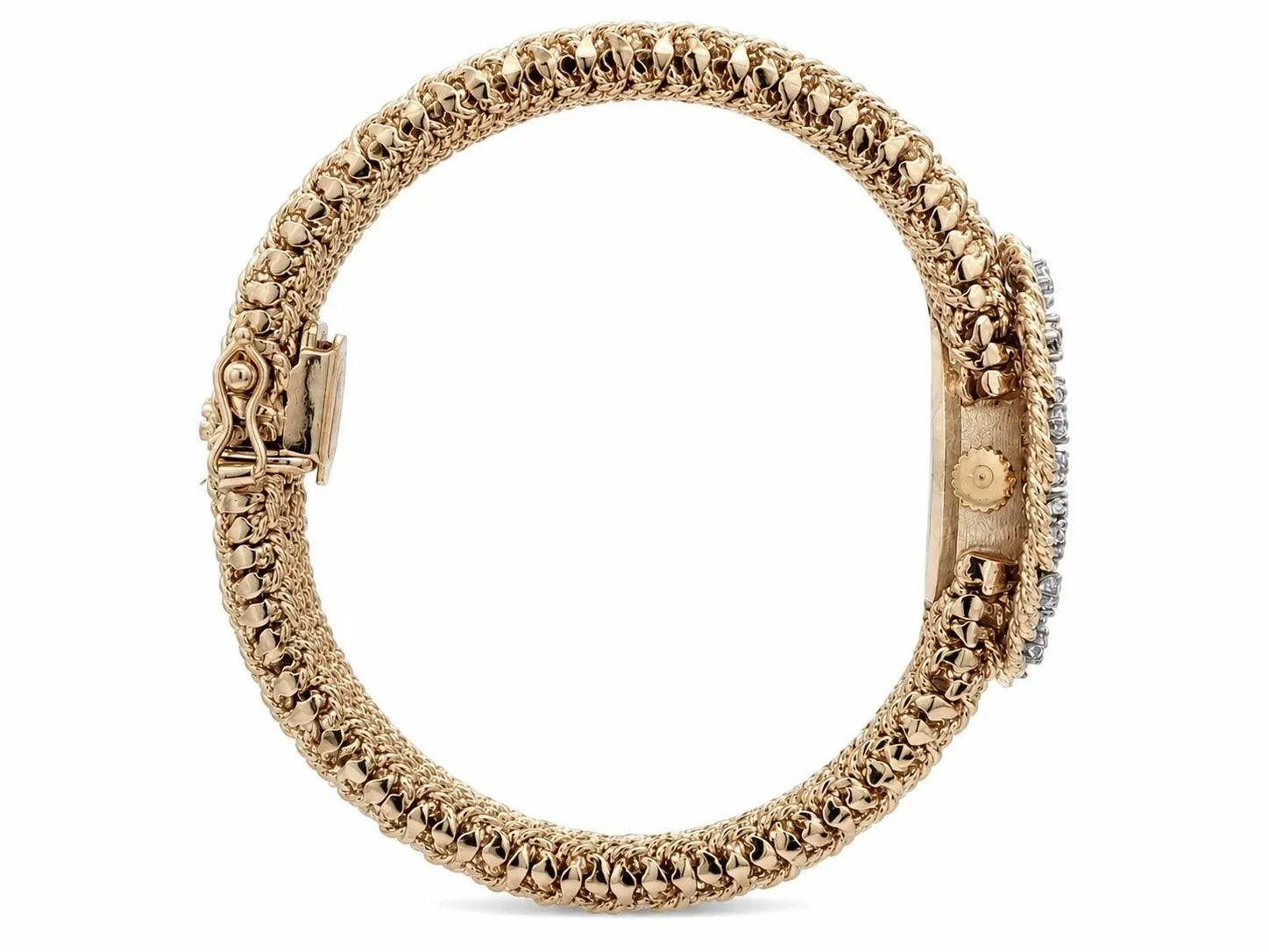 Montre vintage M&W Ullmann or 14 carats cadran diamant tissage panier maillon bracelet-