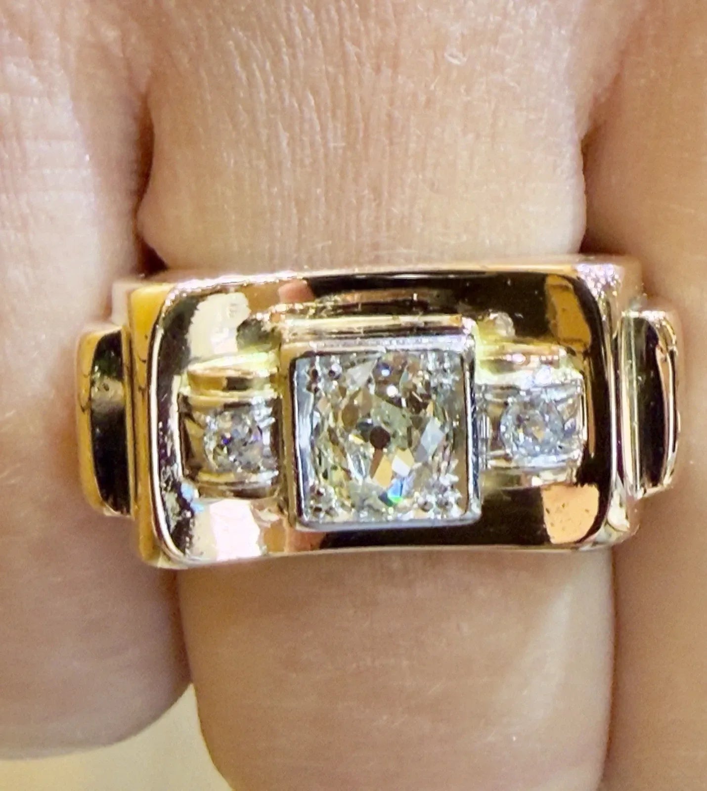 Bague Tank ancienne en or rose et blanc 18 carats et diamants T 52