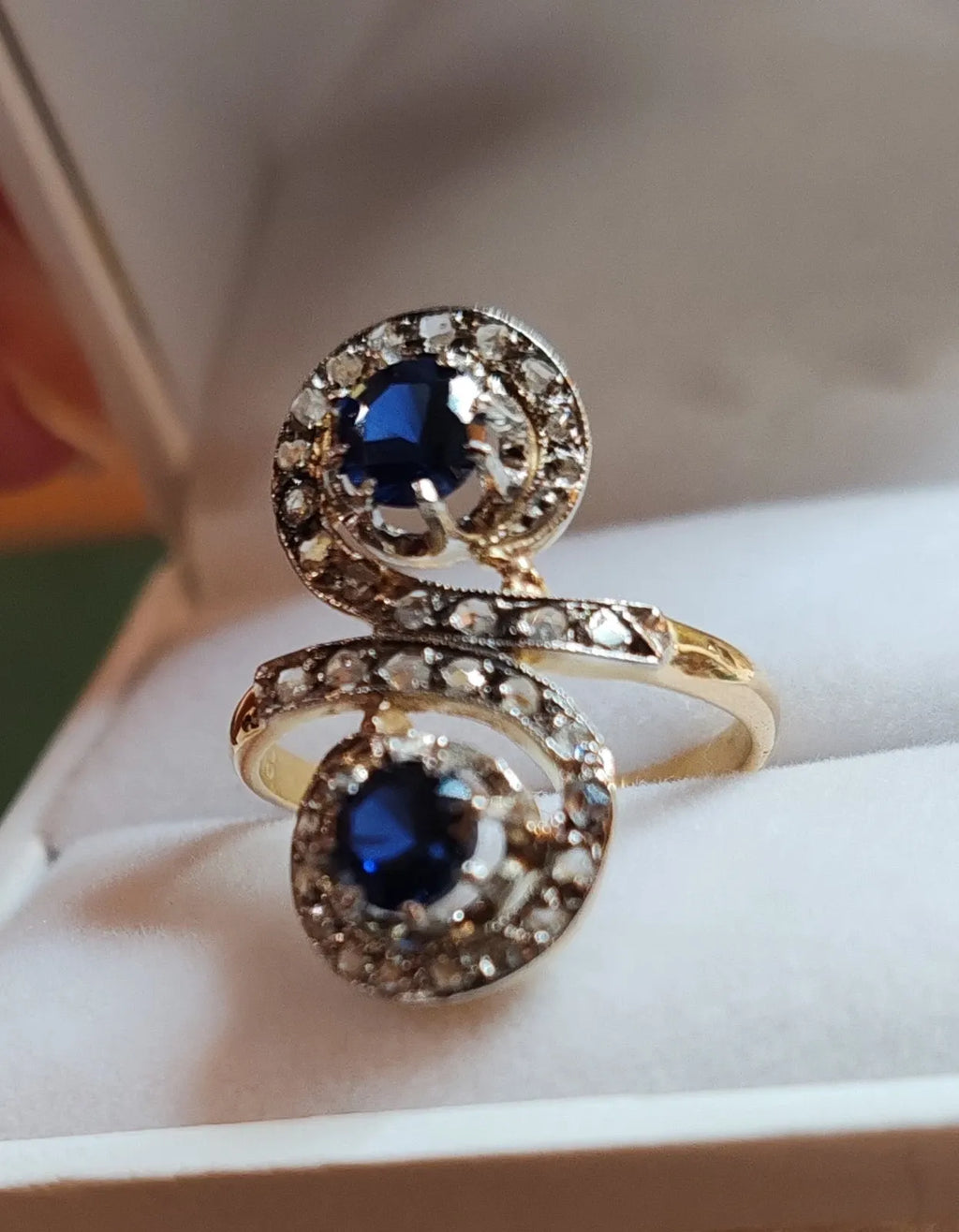 Bague toi et moi ancienne or 18 carats saphirs et diamants taille ancienne