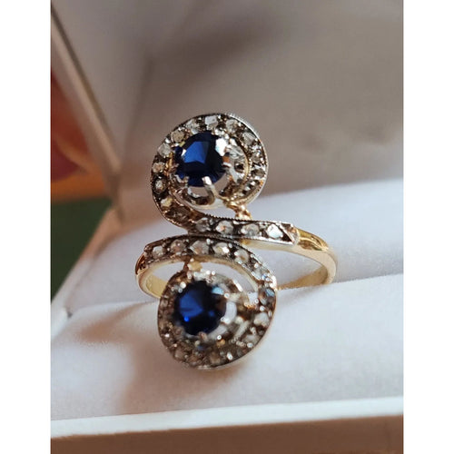 Bague toi et moi ancienne or 18 carats saphirs et diamants taille ancienne