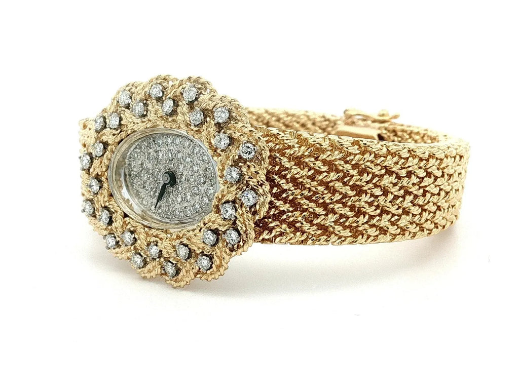 Montre vintage M&W Ullmann or 14 carats cadran diamant tissage panier maillon bracelet-