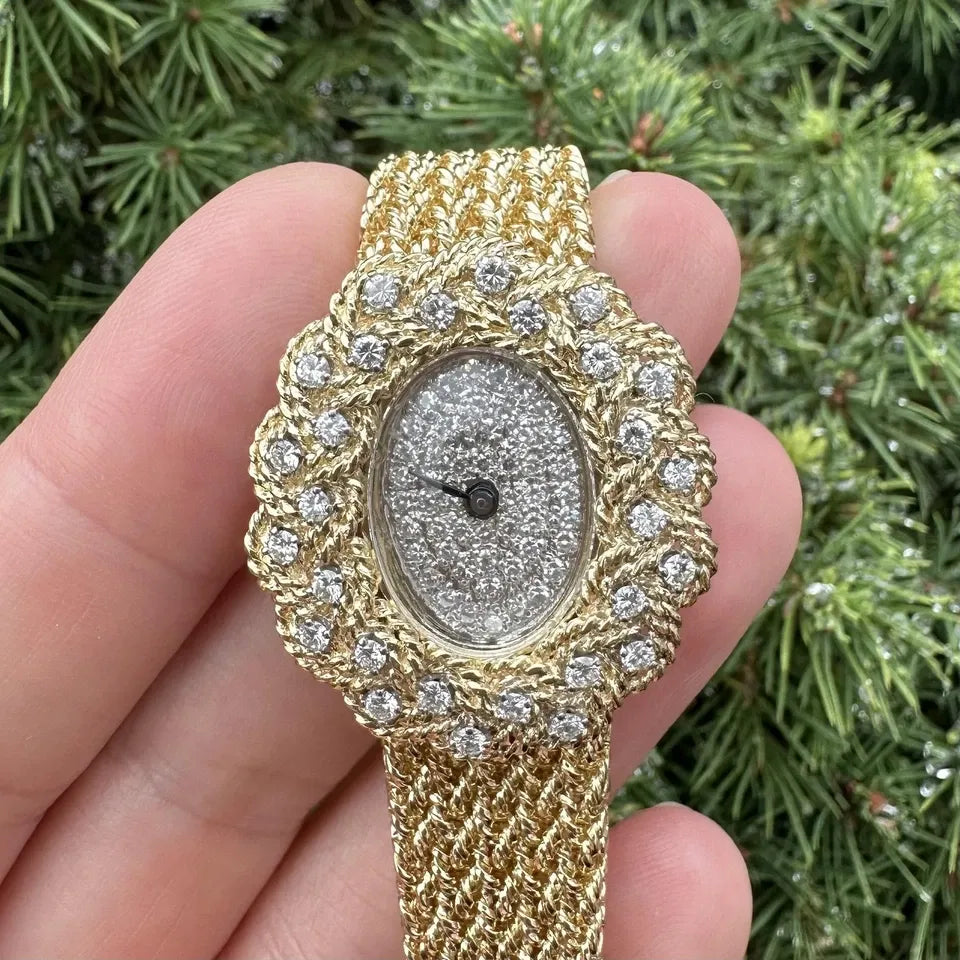 Montre vintage M&W Ullmann or 14 carats cadran diamant tissage panier maillon bracelet-