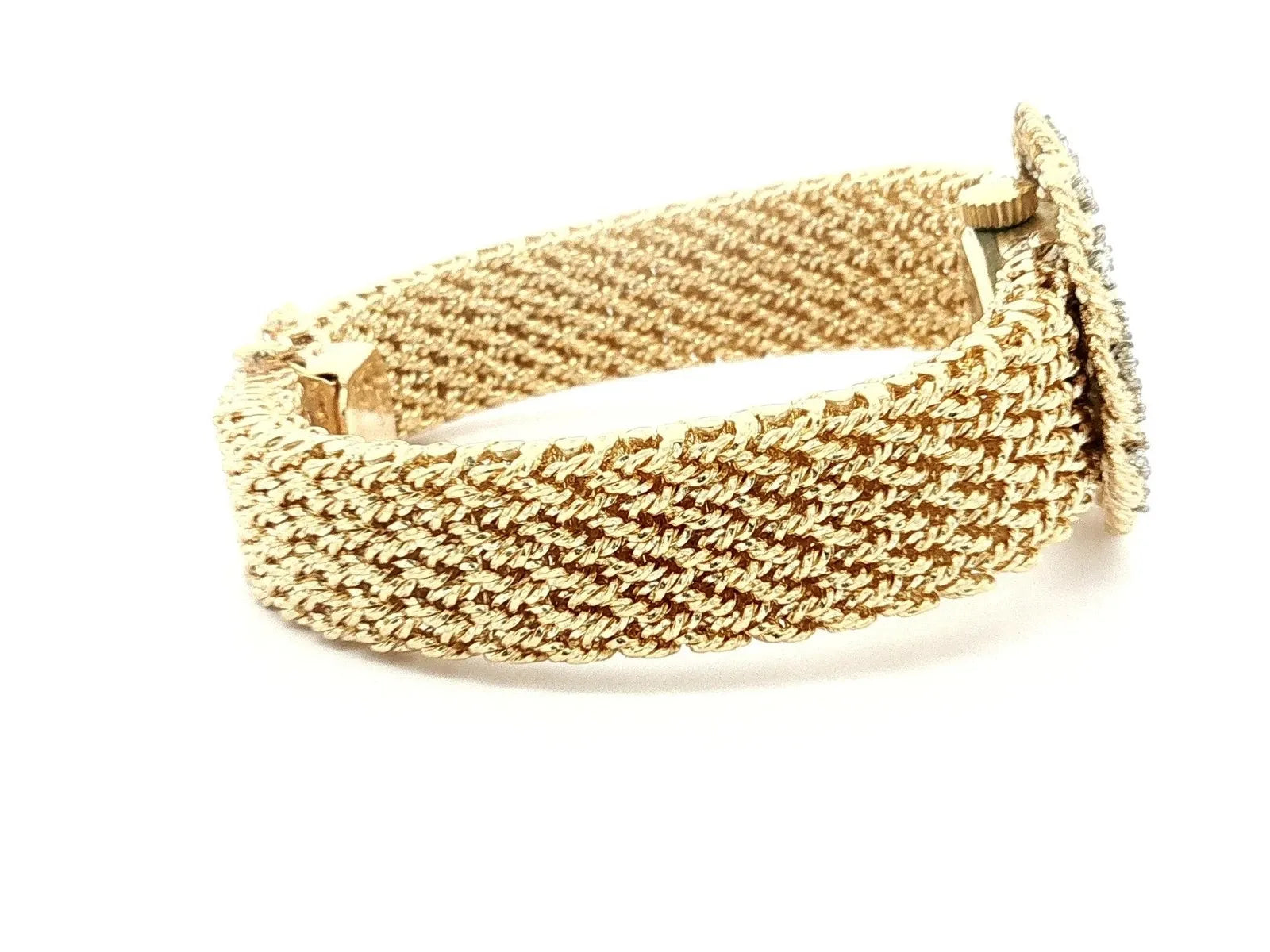 Montre vintage M&W Ullmann or 14 carats cadran diamant tissage panier maillon bracelet-