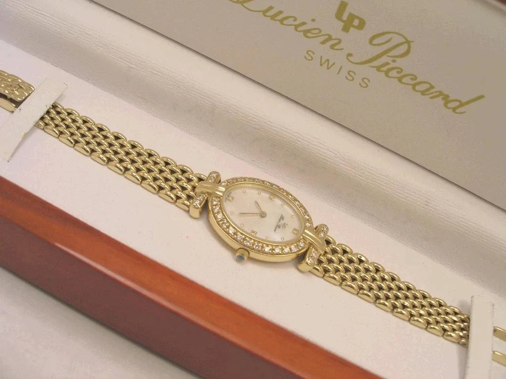 Ultra Rare Montre Femme Lucien Piccard Nacre Or 14 K Diamant avec Boîte+
