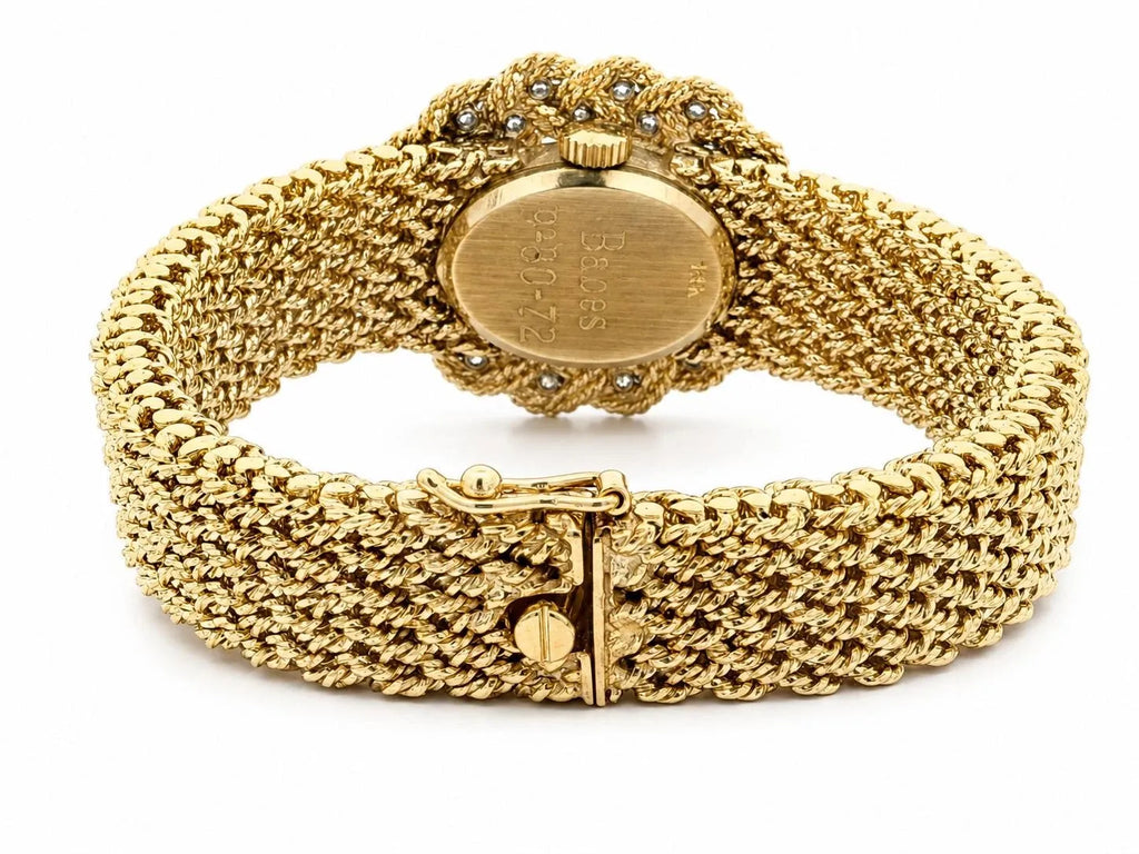 Montre vintage M&W Ullmann or 14 carats cadran diamant tissage panier maillon bracelet-