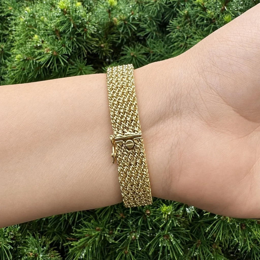 Montre vintage M&W Ullmann or 14 carats cadran diamant tissage panier maillon bracelet-