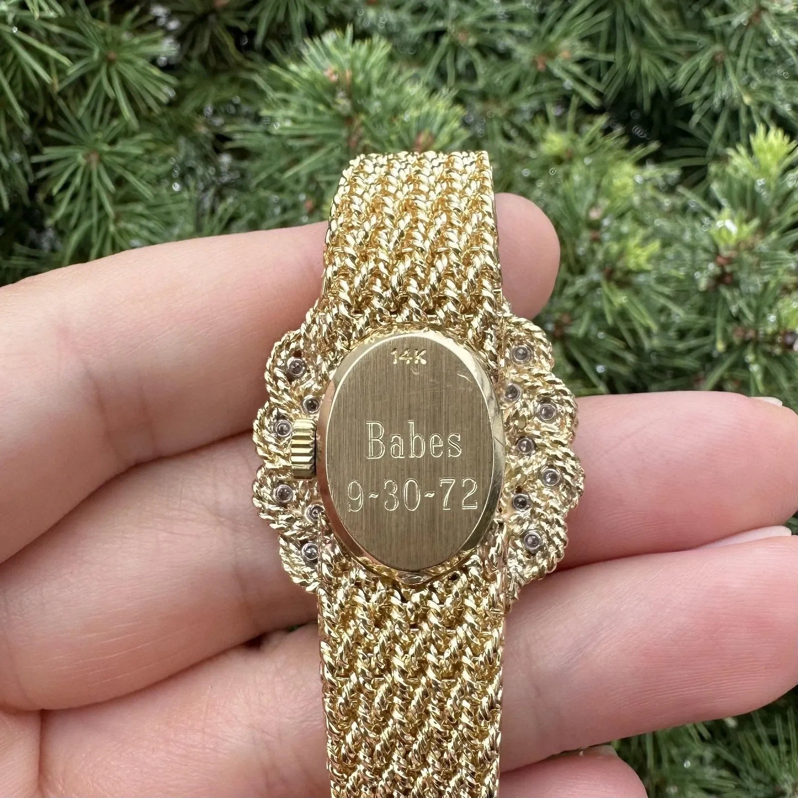 Montre vintage M&W Ullmann or 14 carats cadran diamant tissage panier maillon bracelet-