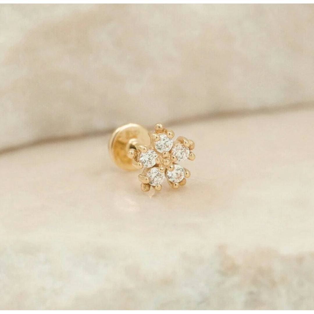 14K or Massif Diamant Fleur Boucles D'Oreilles Nez/Oreille Piercing Bijoux