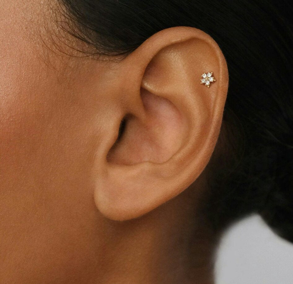 14K or Massif Diamant Fleur Boucles D'Oreilles Nez/Oreille Piercing Bijoux