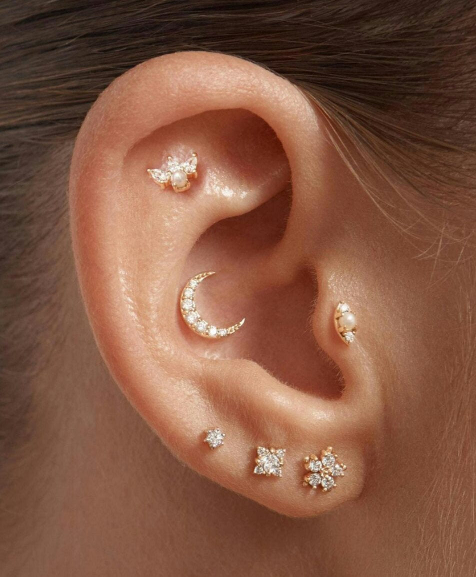 14K or Massif Diamant Fleur Boucles D'Oreilles Nez/Oreille Piercing Bijoux
