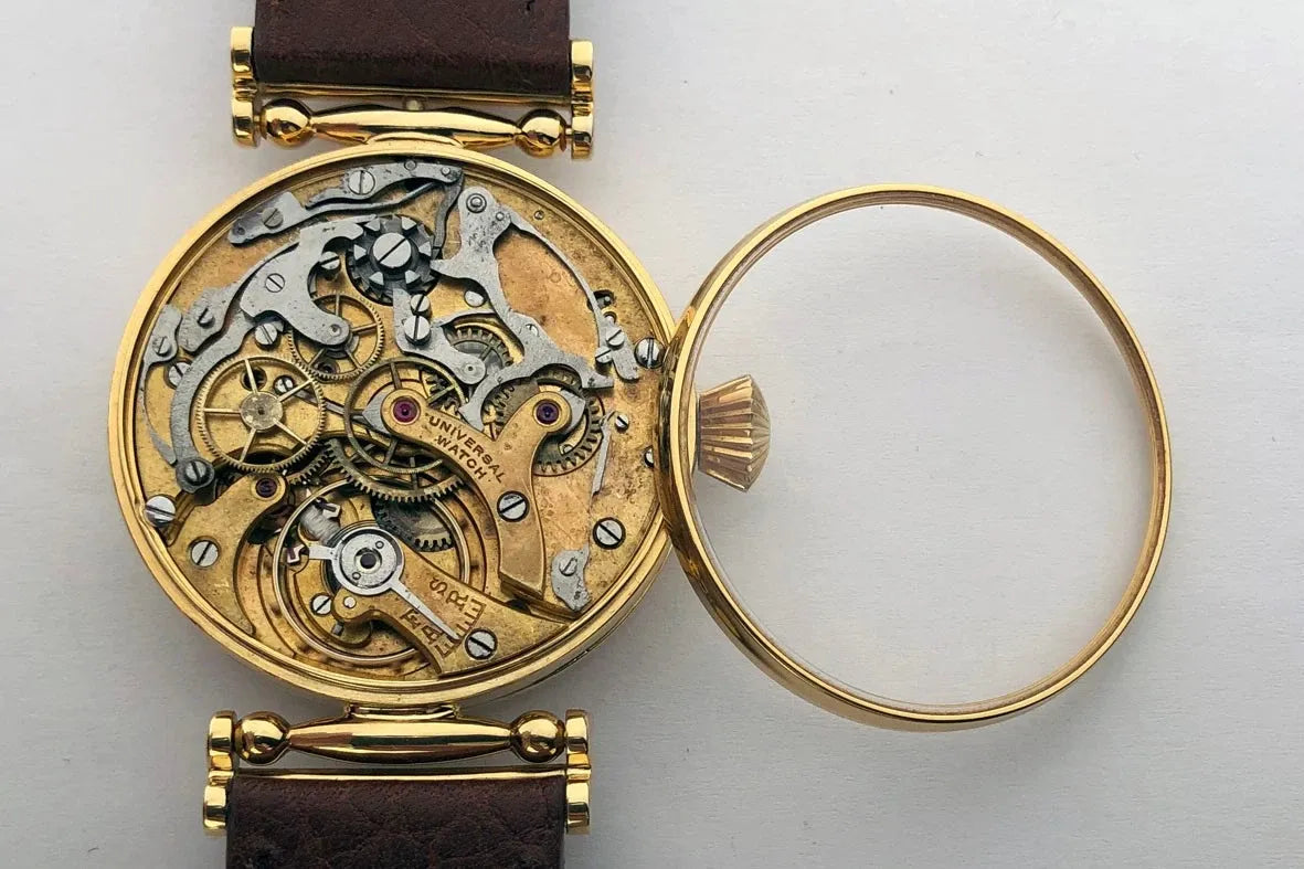Rare ANCIENNE Montre-Bracelet Suisse Mariage Mécanique UNIVERSEL Chronographe Doré-