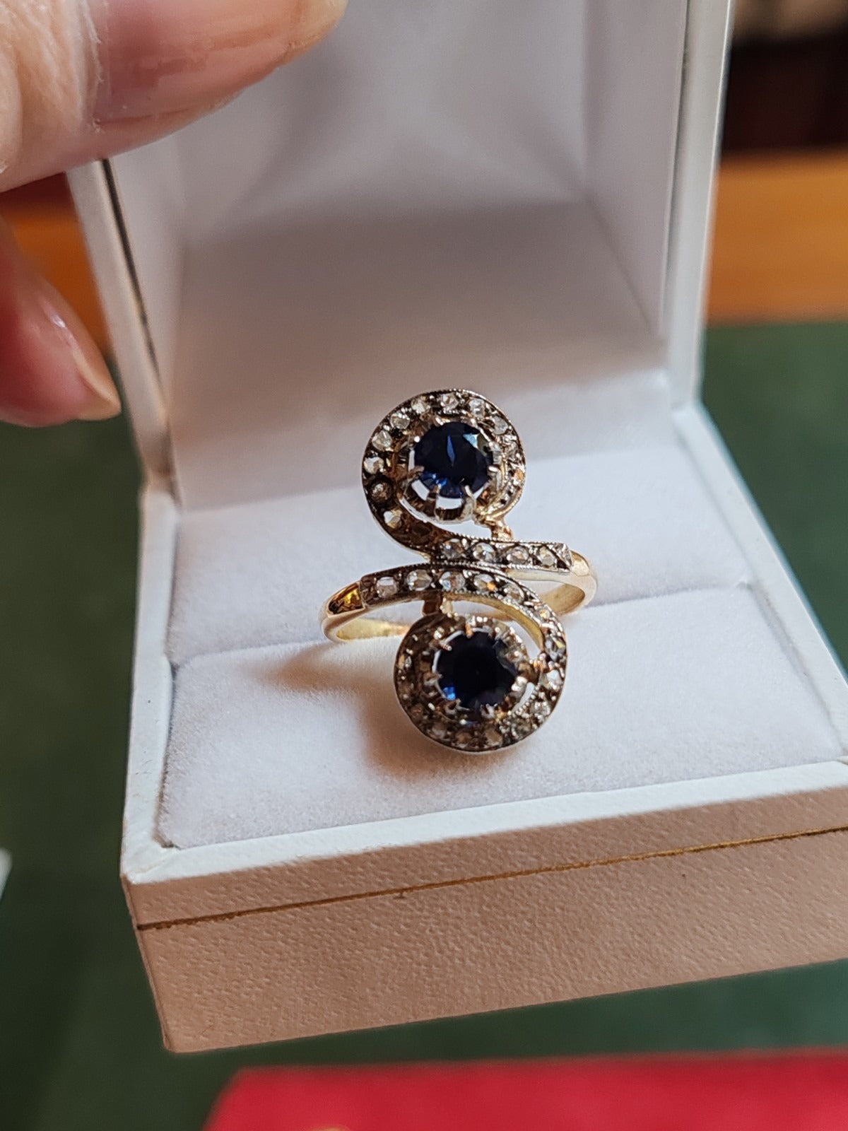 Bague toi et moi ancienne or 18 carats saphirs et diamants taille ancienne