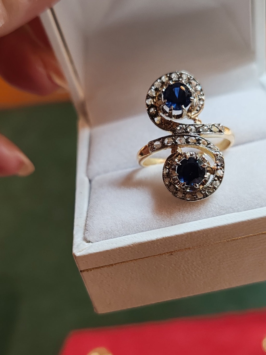 Bague toi et moi ancienne or 18 carats saphirs et diamants taille ancienne