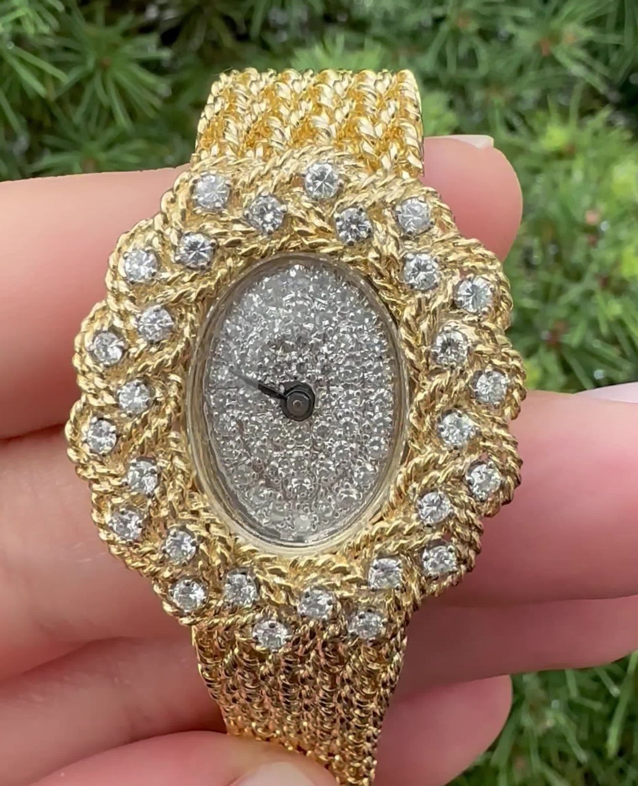 Montre vintage M&W Ullmann or 14 carats cadran diamant tissage panier maillon bracelet-