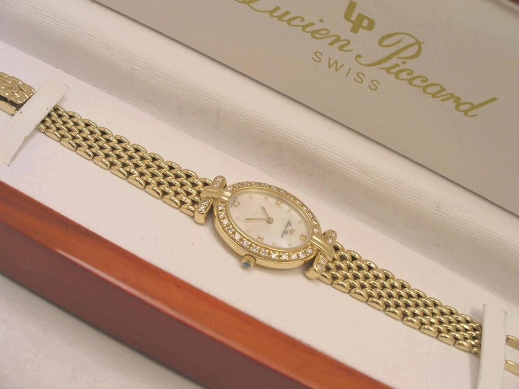 Ultra Rare Montre Femme Lucien Piccard Nacre Or 14 K Diamant avec Boîte+