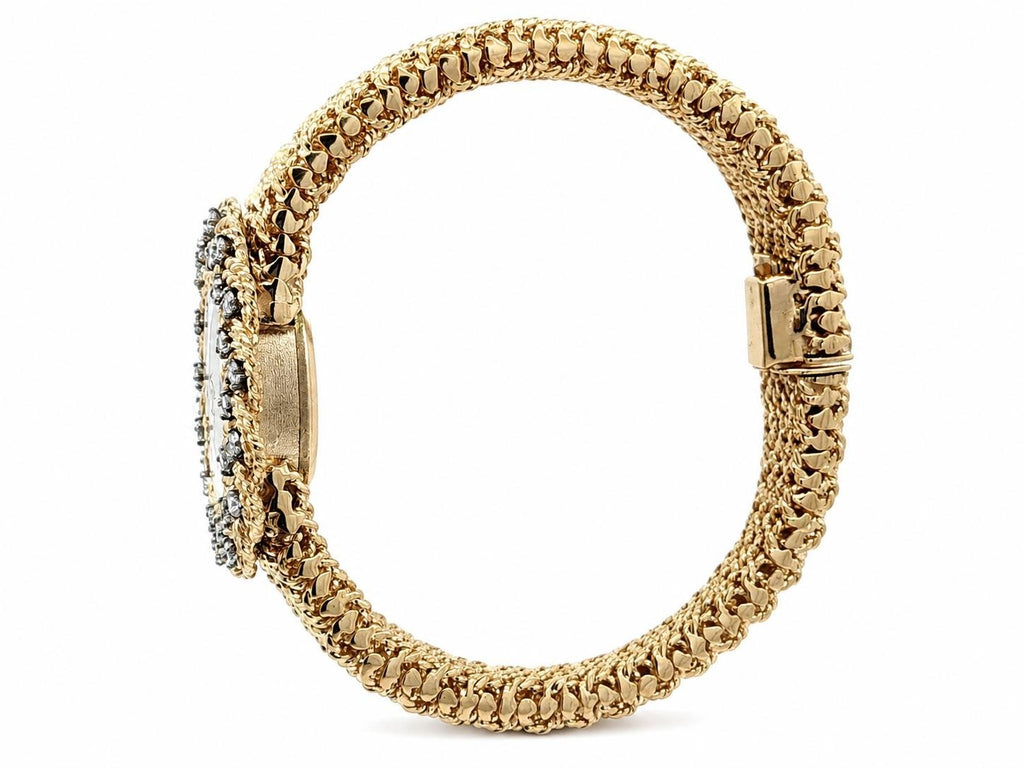 Montre vintage M&W Ullmann or 14 carats cadran diamant tissage panier maillon bracelet-
