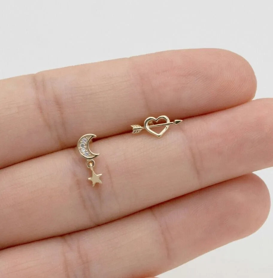 14K or Massif Lune Étoile Oreille Piercings pour Femmes Naturel Diamant Vis
