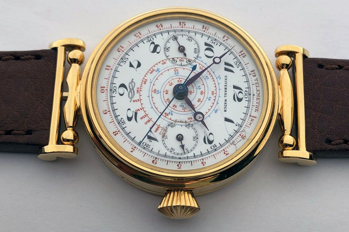 Rare ANCIENNE Montre-Bracelet Suisse Mariage Mécanique UNIVERSEL Chronographe Doré-