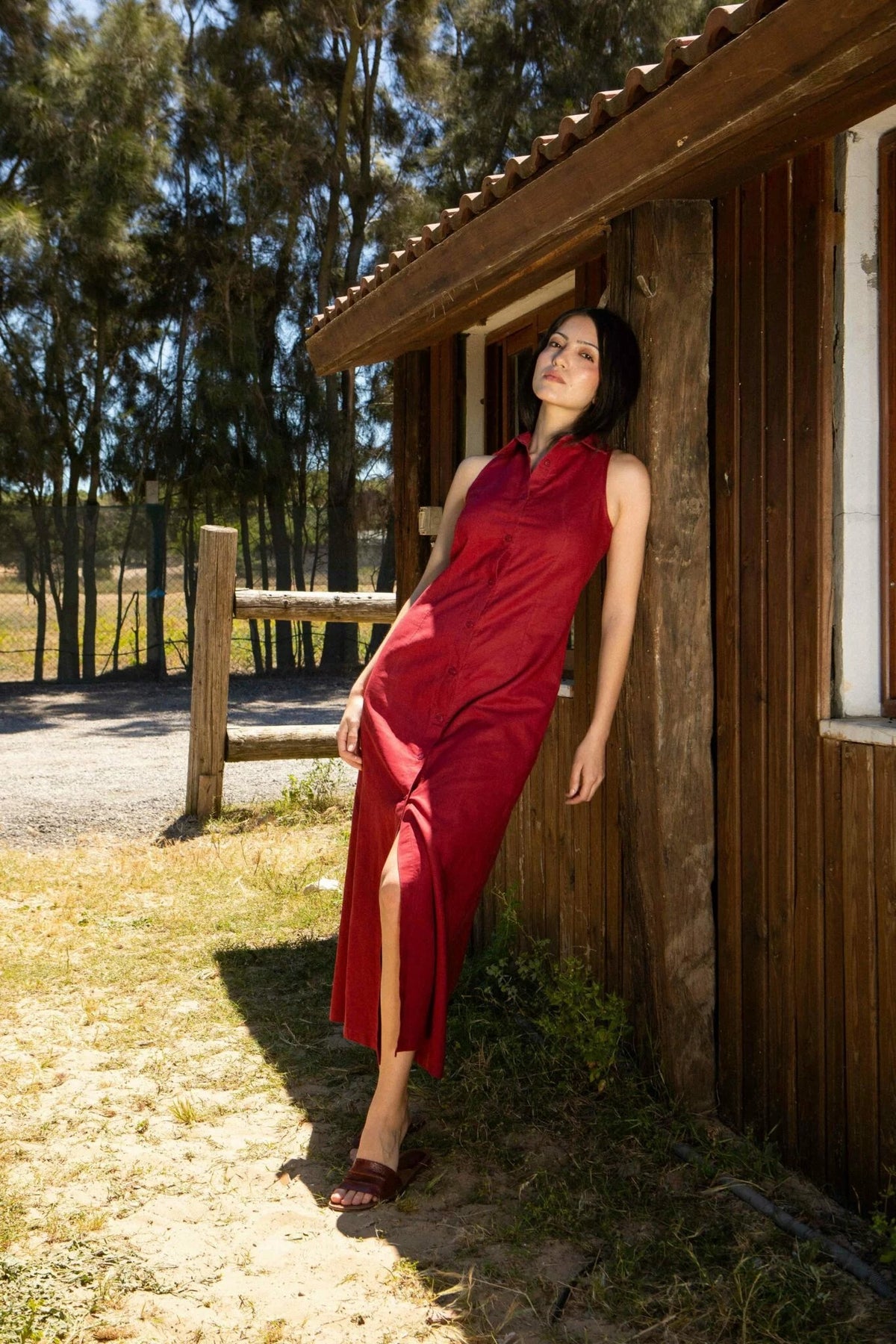 Robe chemise maxi lin rouge brique