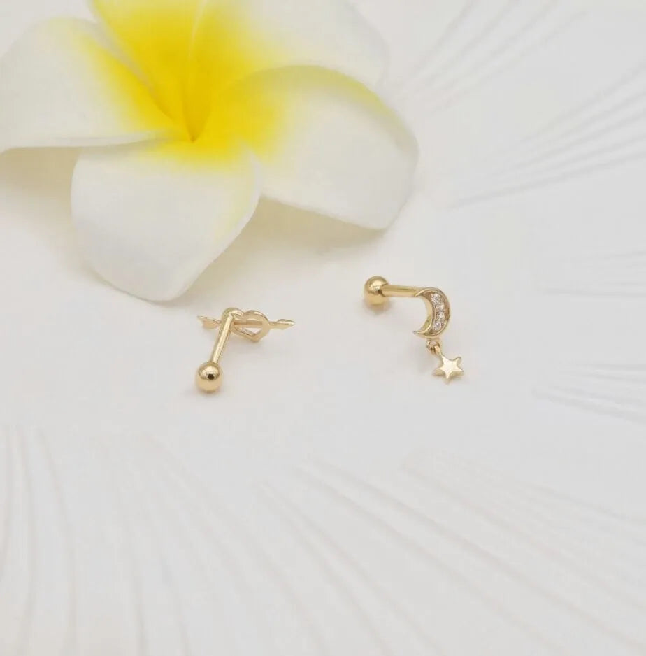 14K or Massif Lune Étoile Oreille Piercings pour Femmes Naturel Diamant Vis