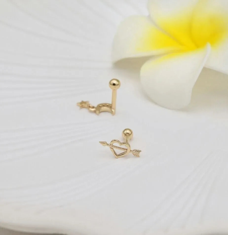 14K or Massif Lune Étoile Oreille Piercings pour Femmes Naturel Diamant Vis