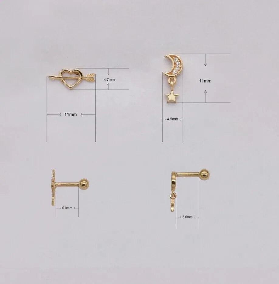 14K or Massif Lune Étoile Oreille Piercings pour Femmes Naturel Diamant Vis