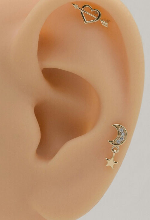 14K or Massif Lune Étoile Oreille Piercings pour Femmes Naturel Diamant Vis