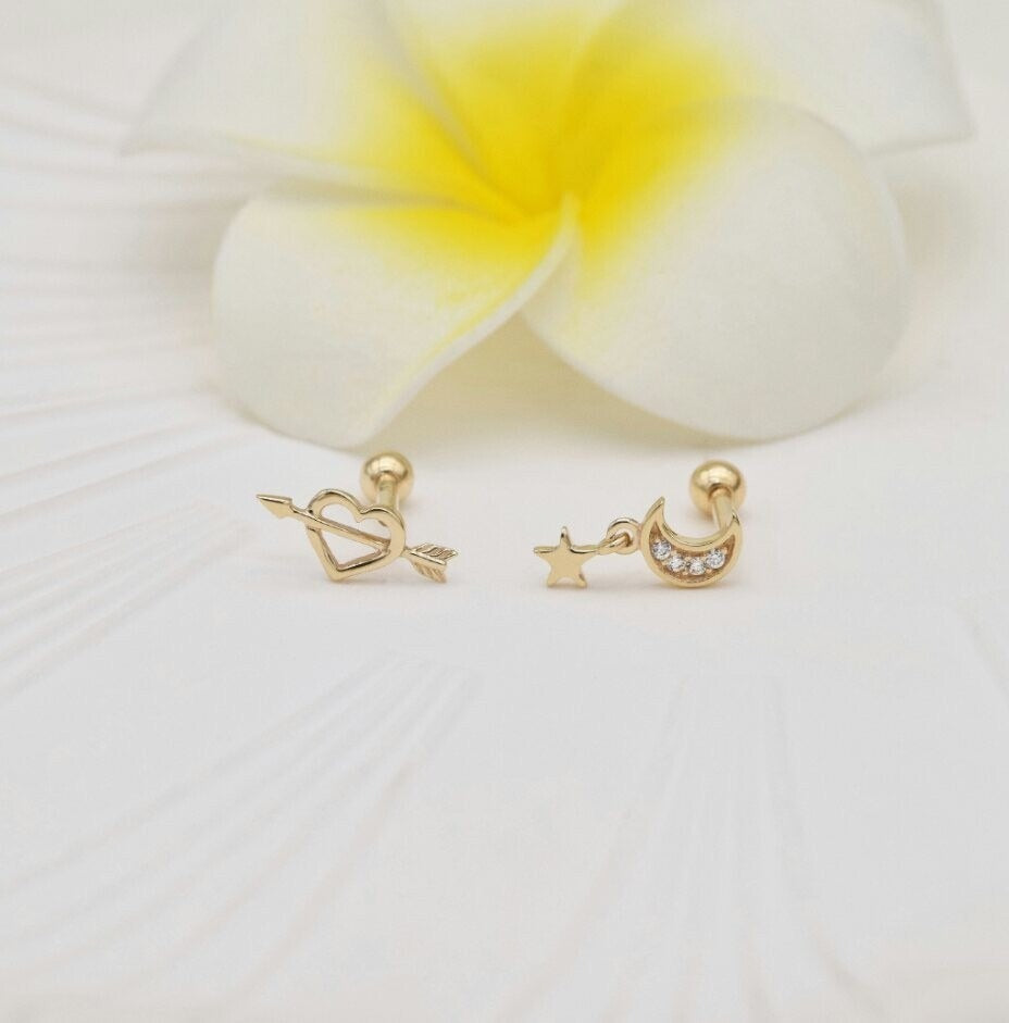 14K or Massif Lune Étoile Oreille Piercings pour Femmes Naturel Diamant Vis