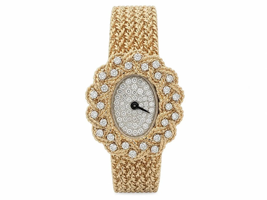 Montre vintage M&W Ullmann or 14 carats cadran diamant tissage panier maillon bracelet-