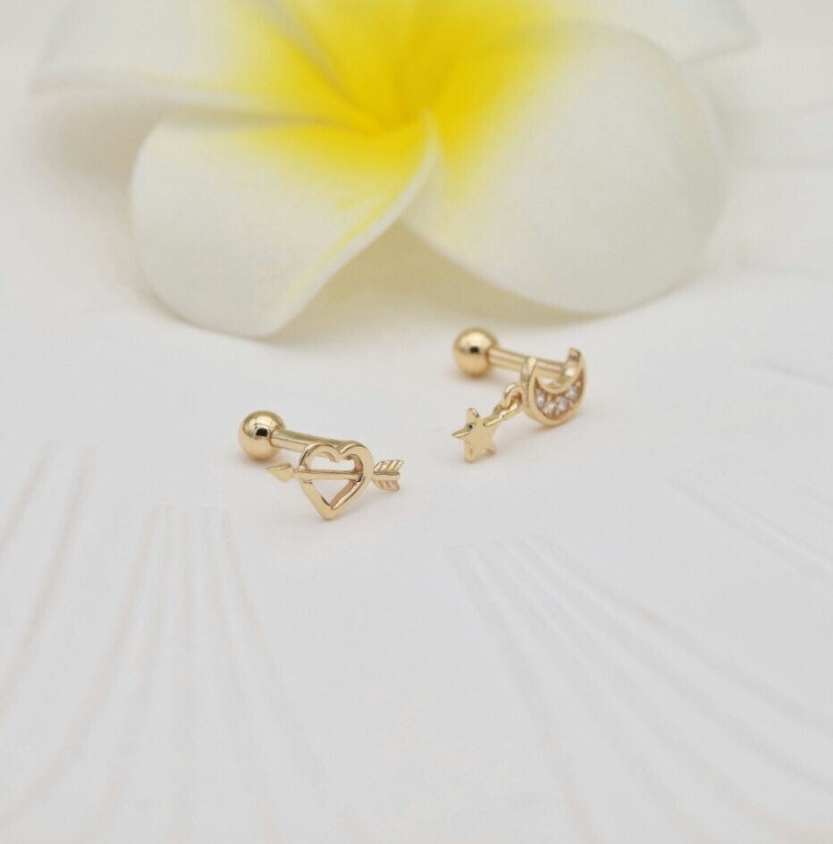 14K or Massif Lune Étoile Oreille Piercings pour Femmes Naturel Diamant Vis