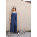 Robe jean droite bretelles fines fente cotes