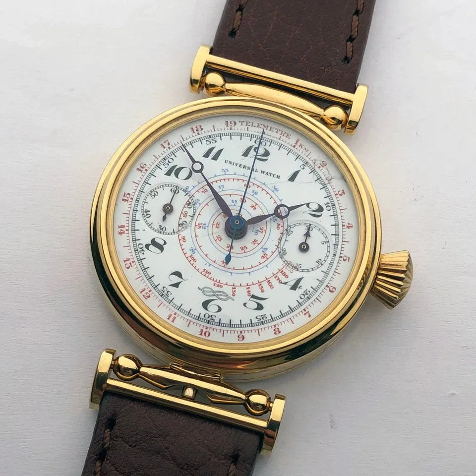 Rare ANCIENNE Montre-Bracelet Suisse Mariage Mécanique UNIVERSEL Chronographe Doré-