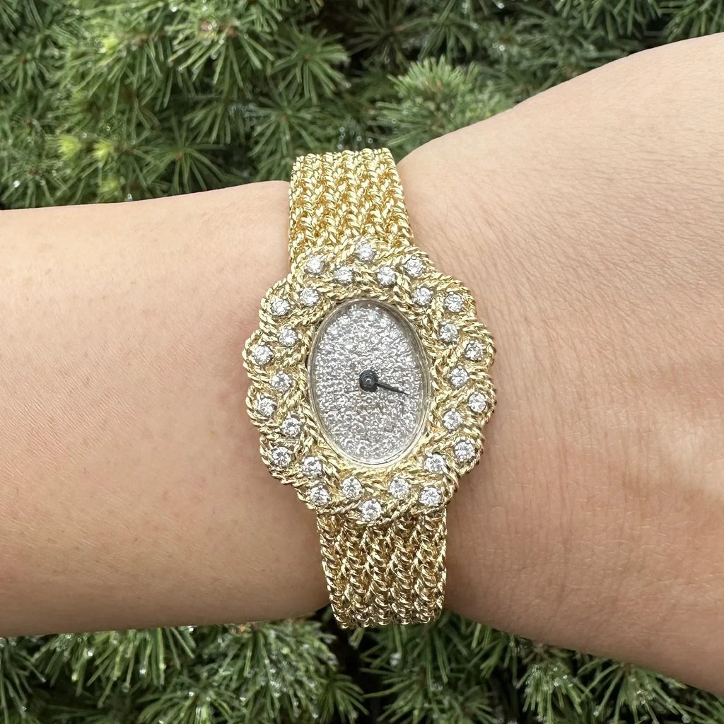 Montre vintage M&W Ullmann or 14 carats cadran diamant tissage panier maillon bracelet-