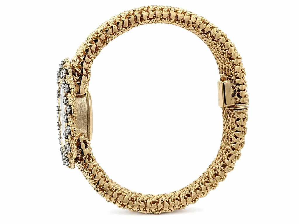 Montre vintage M&W Ullmann or 14 carats cadran diamant tissage panier maillon bracelet-