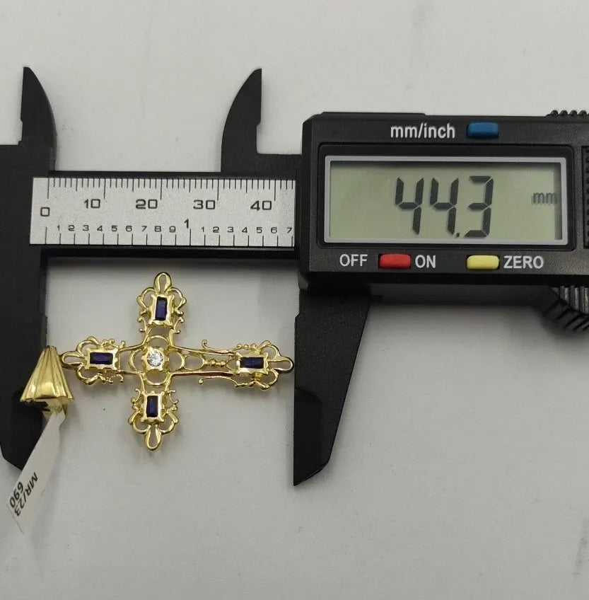 Pendentif Or 18K 750 Mls. Croix Avec Saphirs. Grande Taille XL 44 Mm.