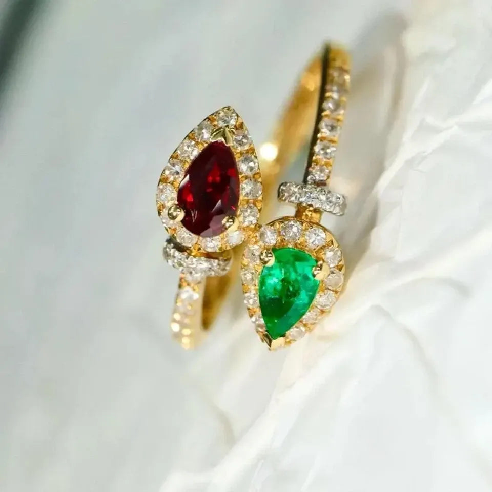 1.08ct Naturel Diamant 14k Bis Poinçonnée or Jaune Rubis Émeraude Bague Mariage