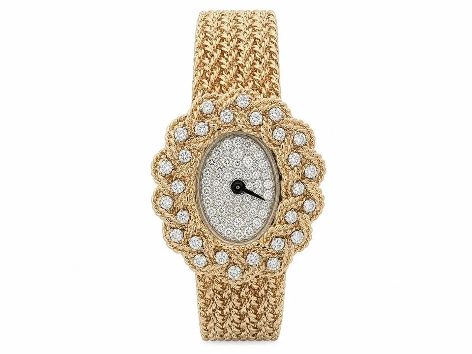 Montre vintage M&W Ullmann or 14 carats cadran diamant tissage panier maillon bracelet-