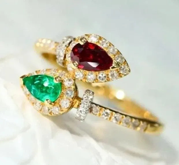 1.08ct Naturel Diamant 14k Bis Poinçonnée or Jaune Rubis Émeraude Bague Mariage