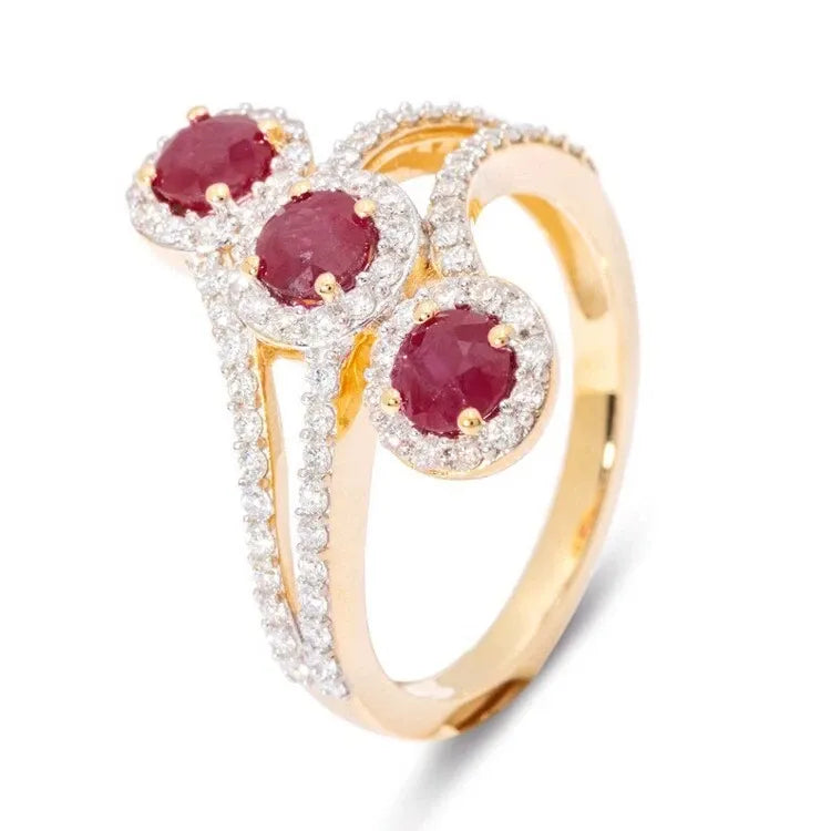Bague Cocktail En Or Jaune 14K Avec Diamant Rond Naturel De 1,72 Ct Et Rubis