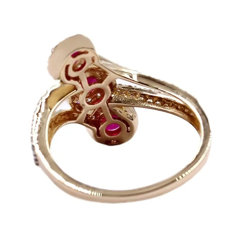 Bague Cocktail En Or Jaune 14K Avec Diamant Rond Naturel De 1,72 Ct Et Rubis