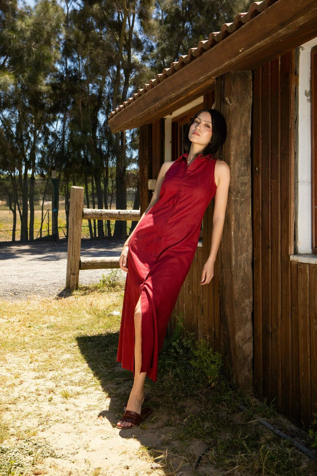 Robe chemise maxi lin rouge brique