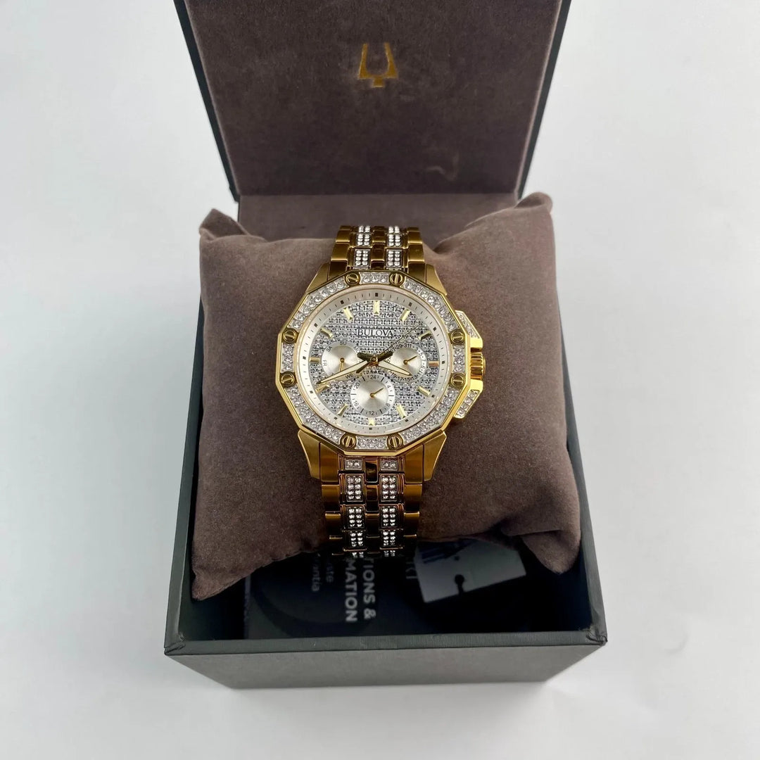 Montre Bulova Crystal 41,7 mm en acier inoxydable doré pour homme - 98C126