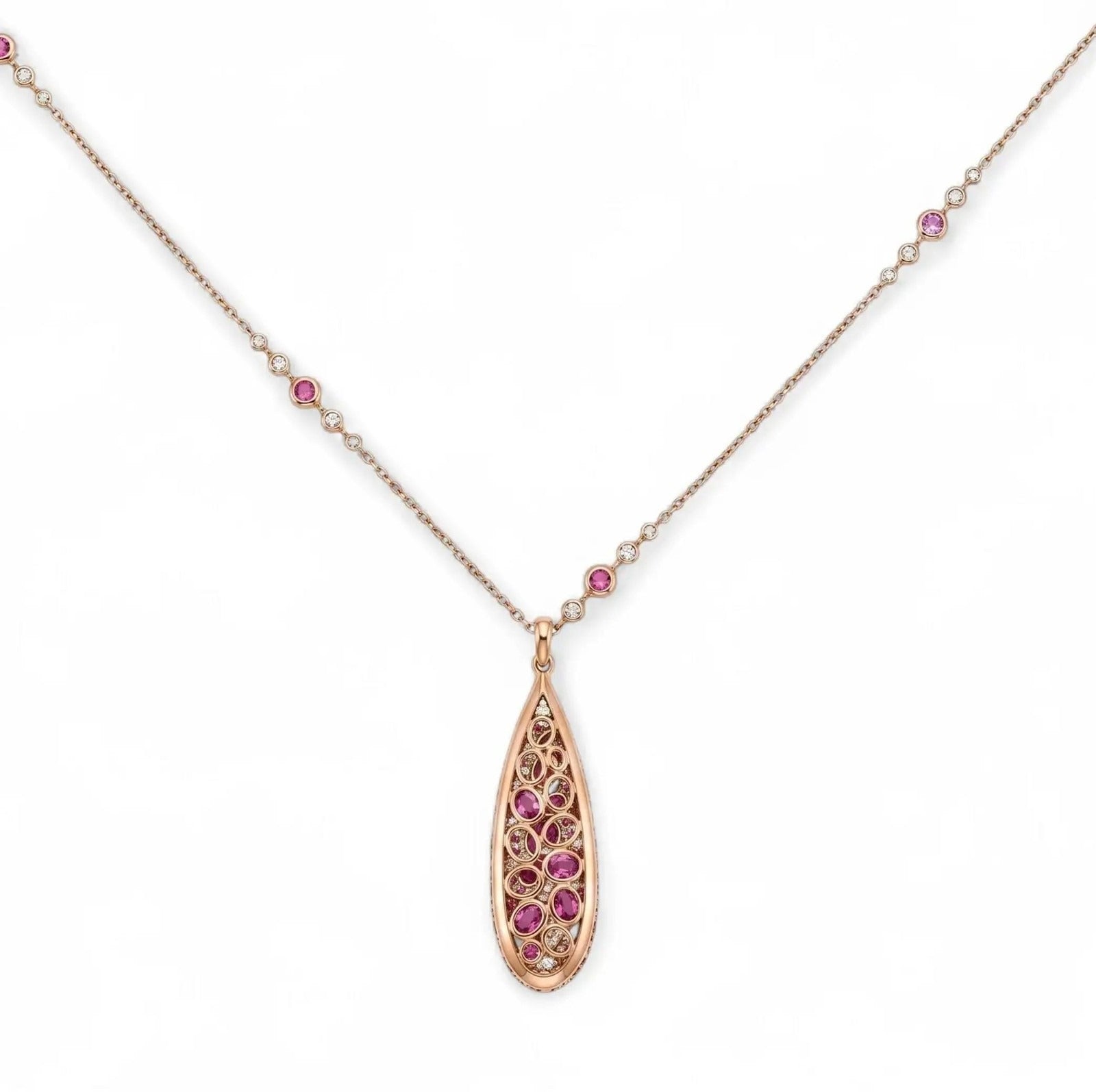 Collier avec pendentif « Crivelli Drop In Fantacy » en diamants et saphirs, en or rose 18 carat