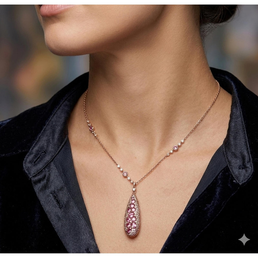 Collier avec pendentif « Crivelli Drop In Fantacy » en diamants et saphirs, en or rose 18 carat
