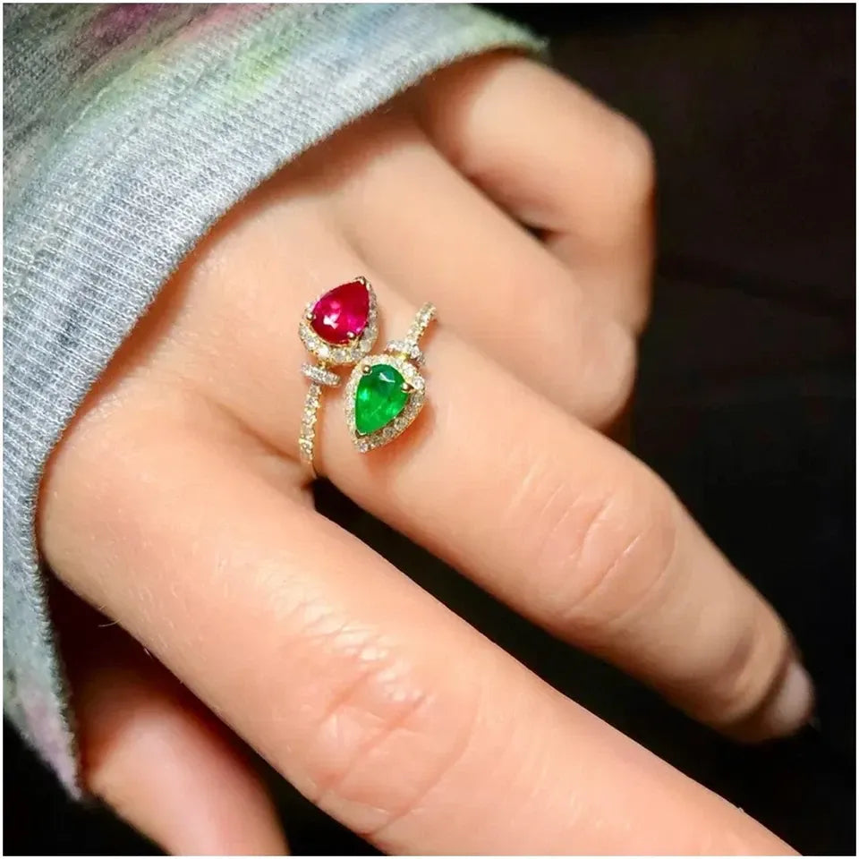 1.08ct Naturel Diamant 14k Bis Poinçonnée or Jaune Rubis Émeraude Bague Mariage