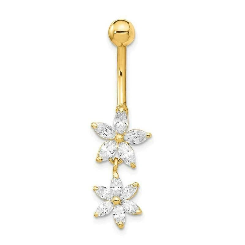 Stud De Piercing Au Nombril En Fleur Double CZ En Or Jaune Massif 14K 14G